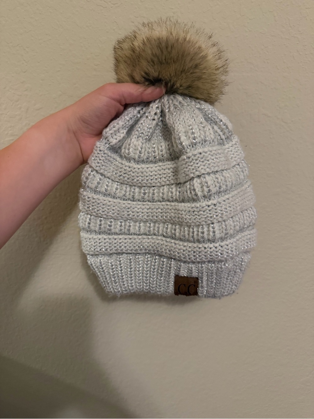 CC Boutique Light Gray Knit Beanie with Faux Fur Pom